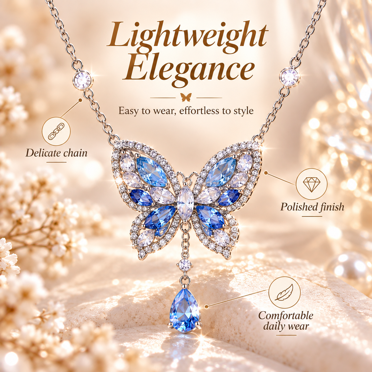 Butterfly Crystal Pendant Necklace – Blue Gemstone Butterfly Design with Teardrop Sparkle Detail