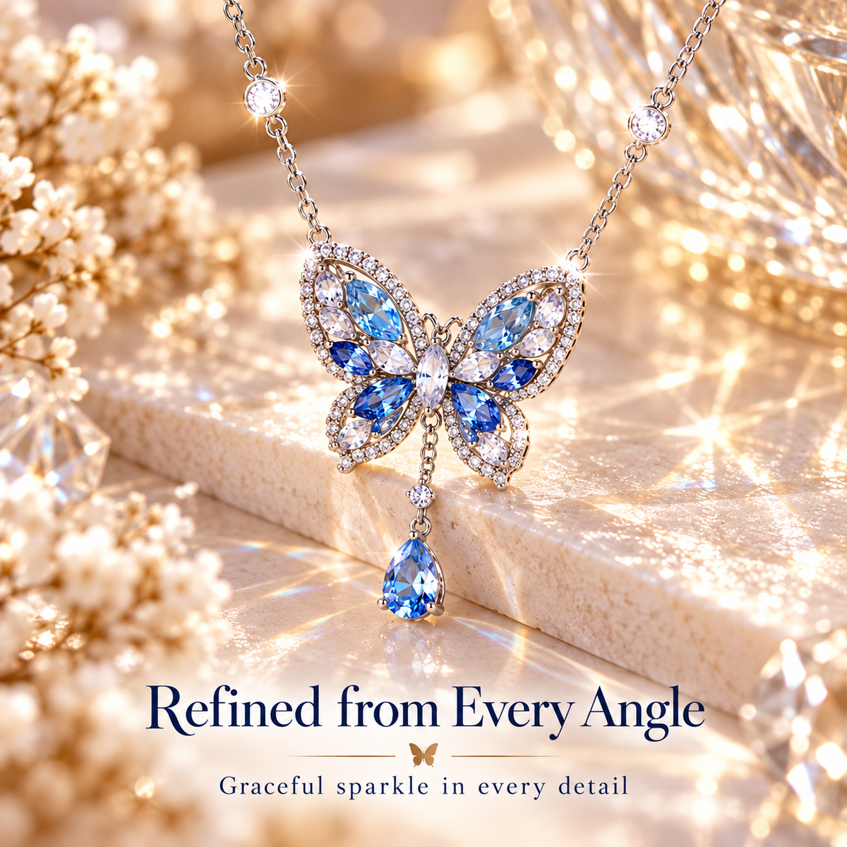 Butterfly Crystal Pendant Necklace – Blue Gemstone Butterfly Design with Teardrop Sparkle Detail