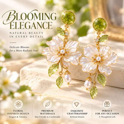 Blooming Elegance Floral Pearl Drop Earrings – Elegant Green Crystal & White Flower Dangle Earrings for Women