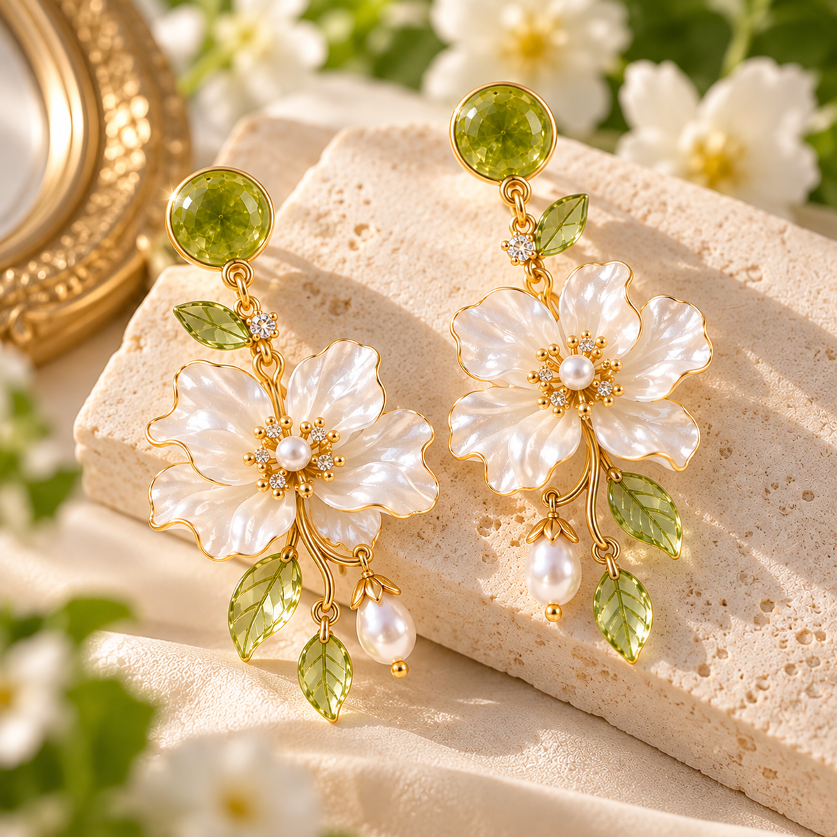 Blooming Elegance Floral Pearl Drop Earrings – Elegant Green Crystal & White Flower Dangle Earrings for Women