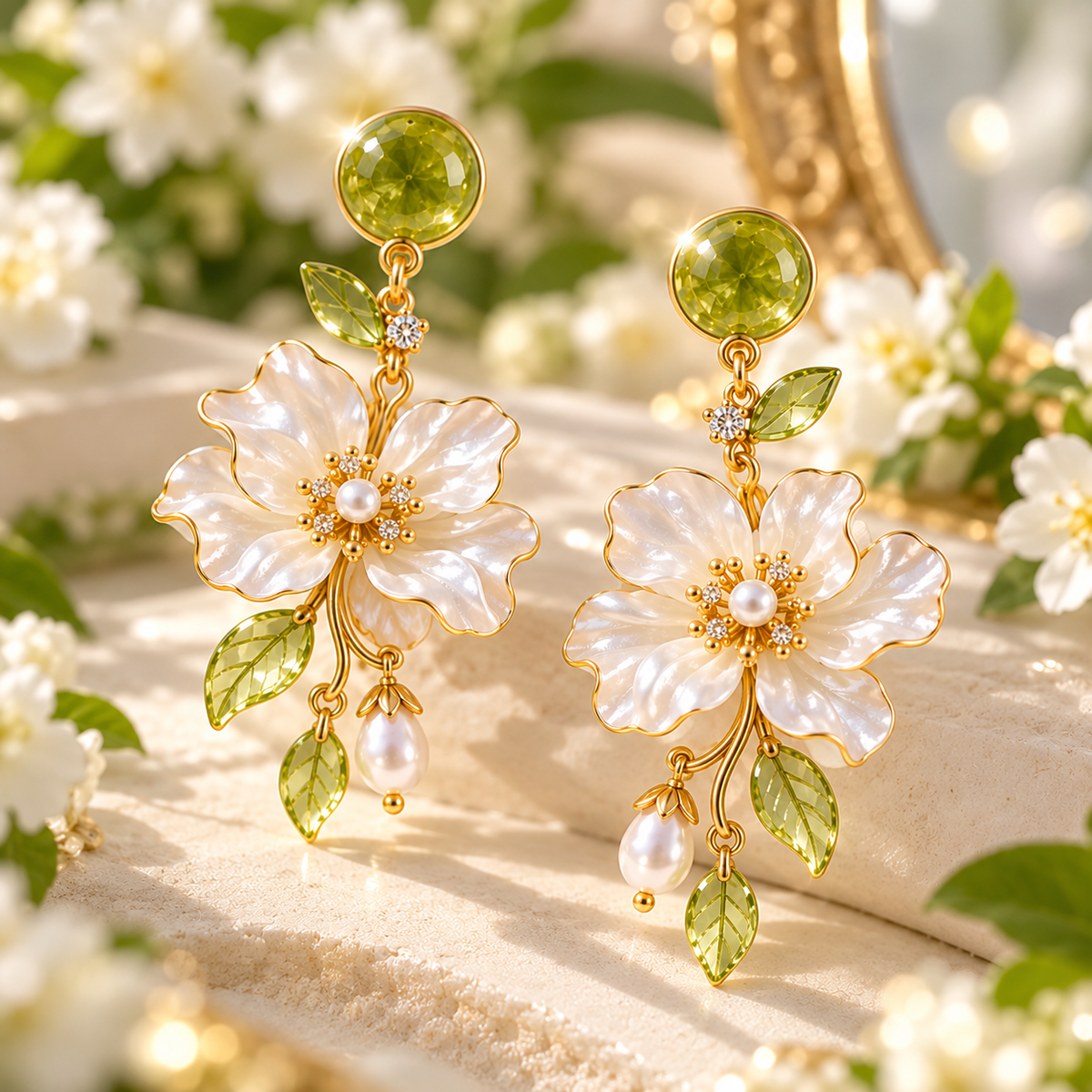 Blooming Elegance Floral Pearl Drop Earrings – Elegant Green Crystal & White Flower Dangle Earrings for Women