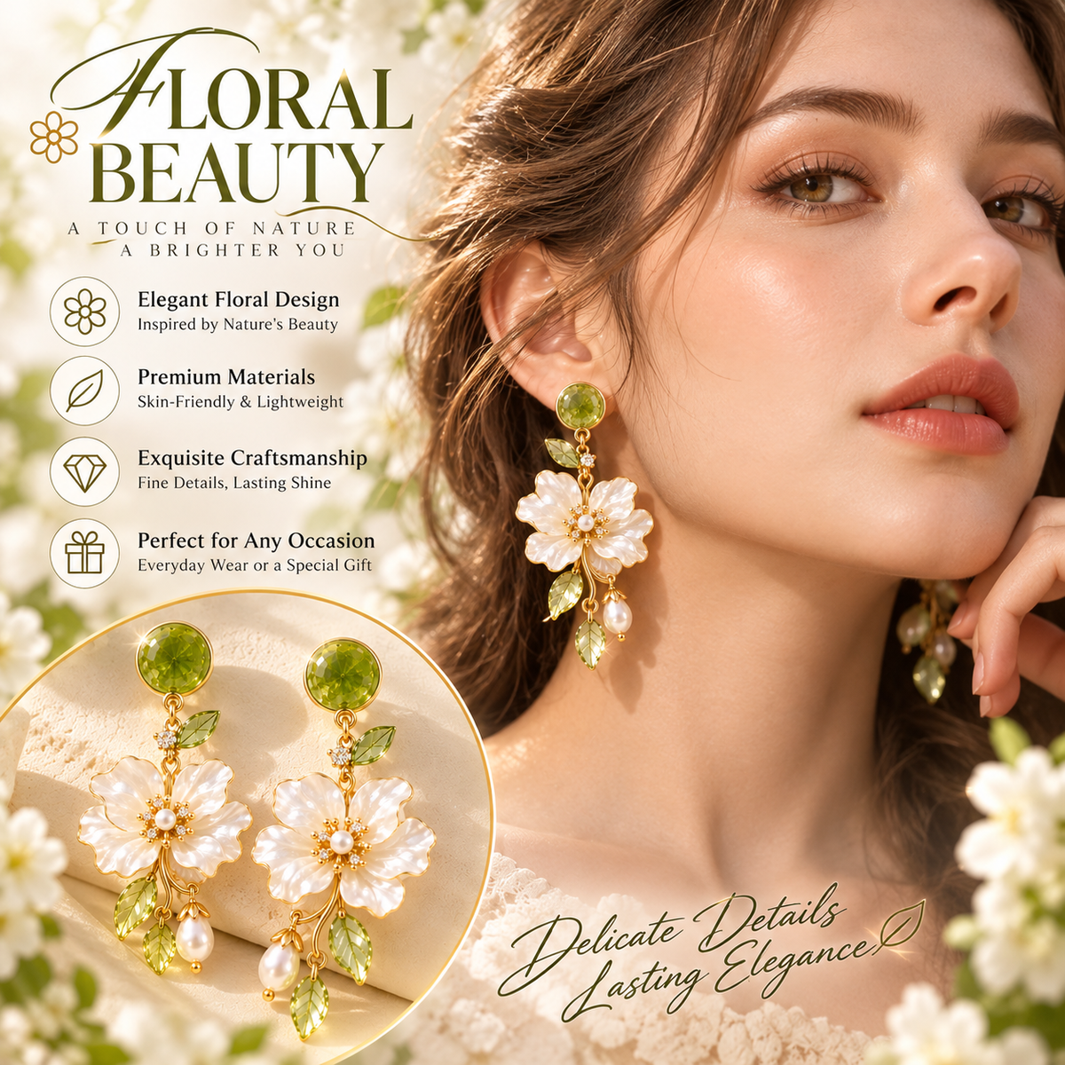 Blooming Elegance Floral Pearl Drop Earrings – Elegant Green Crystal & White Flower Dangle Earrings for Women