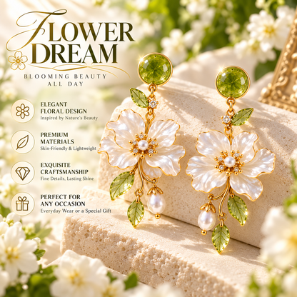 Blooming Elegance Floral Pearl Drop Earrings – Elegant Green Crystal & White Flower Dangle Earrings for Women