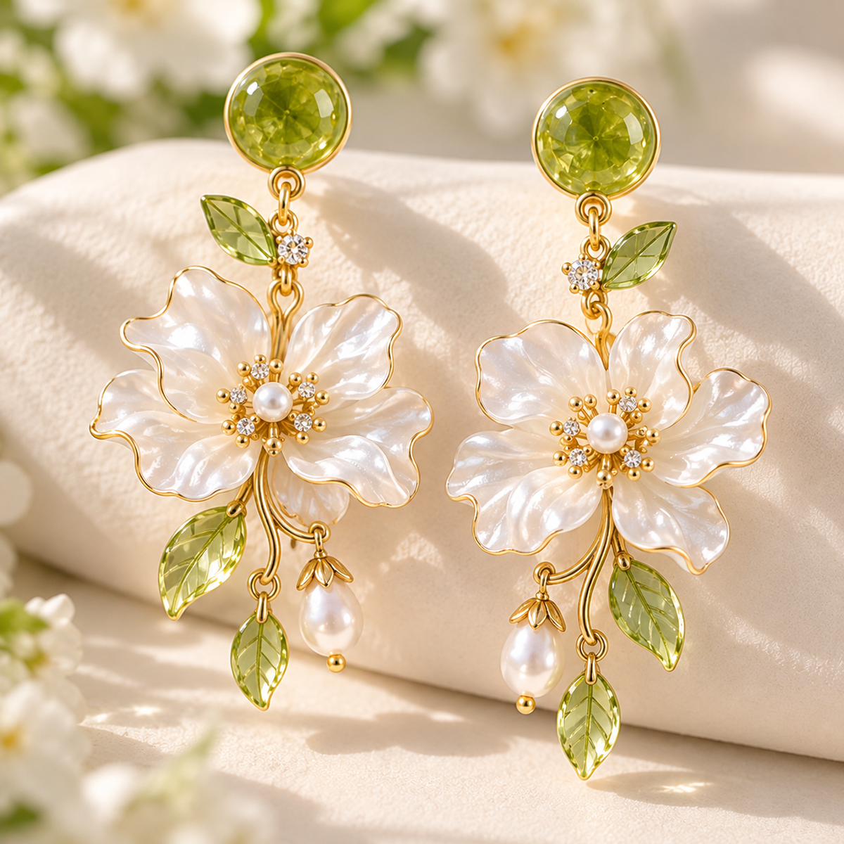 Blooming Elegance Floral Pearl Drop Earrings – Elegant Green Crystal & White Flower Dangle Earrings for Women