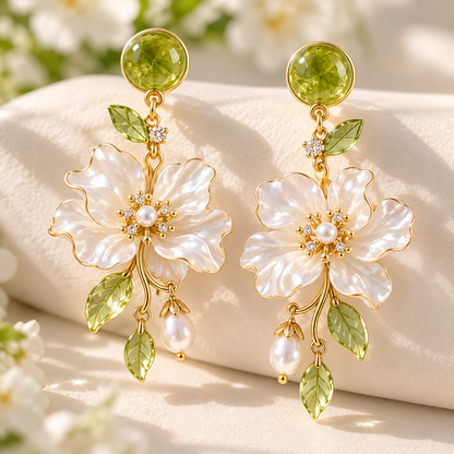 Blooming Elegance Floral Pearl Drop Earrings – Elegant Green Crystal & White Flower Dangle Earrings for Women