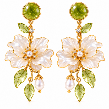 Blooming Elegance Floral Pearl Drop Earrings – Elegant Green Crystal & White Flower Dangle Earrings for Women