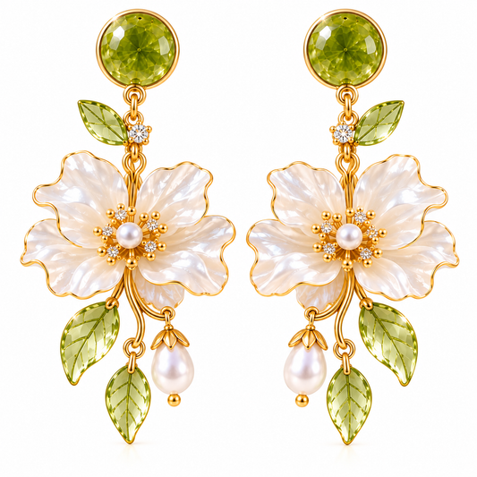 Blooming Elegance Floral Pearl Drop Earrings – Elegant Green Crystal & White Flower Dangle Earrings for Women