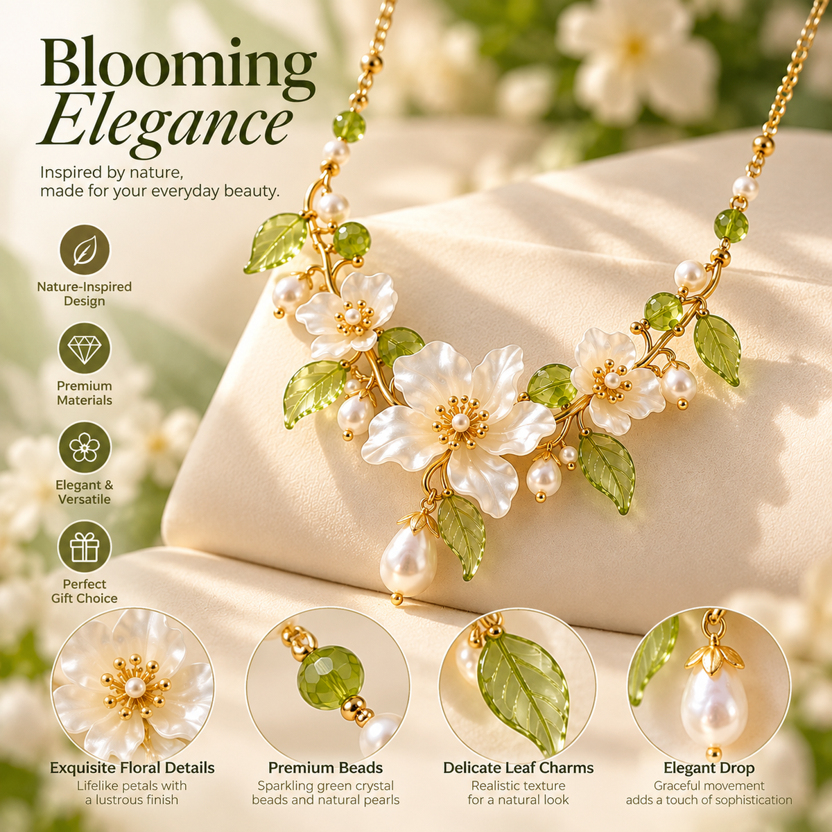 Blooming Elegance Floral Pearl Necklace – Elegant White Flower & Green Crystal Statement Necklace for Women
