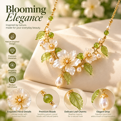 Blooming Elegance Floral Pearl Necklace – Elegant White Flower & Green Crystal Statement Necklace for Women