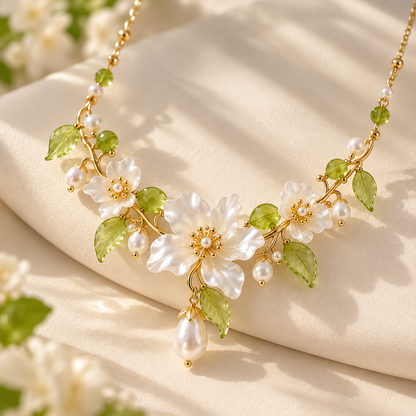 Blooming Elegance Floral Pearl Necklace – Elegant White Flower & Green Crystal Statement Necklace for Women