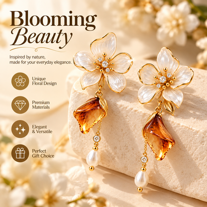 Blooming Beauty Floral Crystal Drop Earrings – Elegant White Flower & Amber Crystal Pearl Dangle Earrings for Women