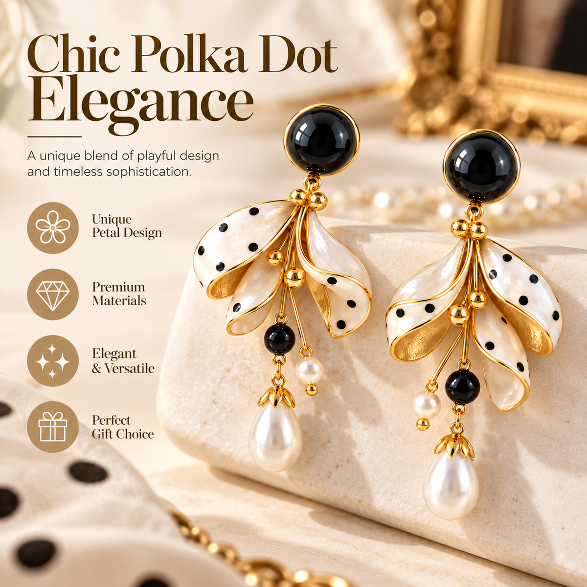 Chic Polka Dot Floral Pearl Drop Earrings – Elegant Black & White Gold-Plated Dangle Earrings for Women