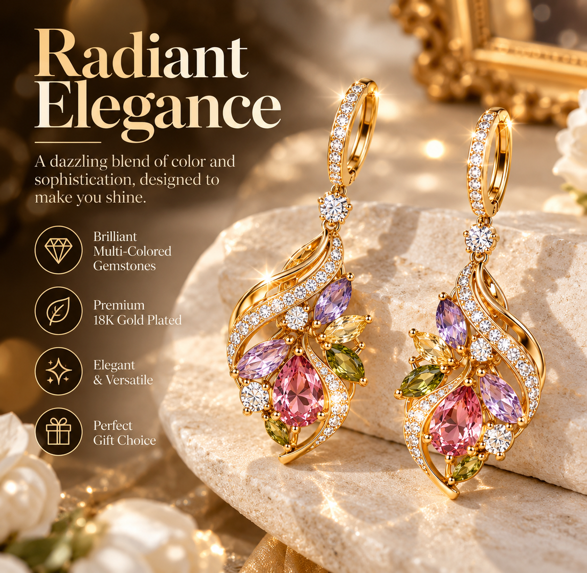 Colorful Crystal Teardrop Earrings – Elegant Gold-Tone Floral Gemstone Drop Earrings