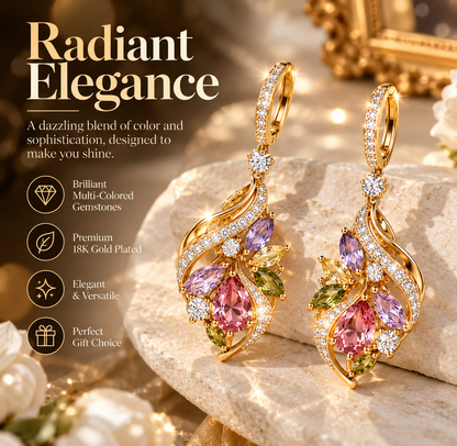 Colorful Crystal Teardrop Earrings – Elegant Gold-Tone Floral Gemstone Drop Earrings