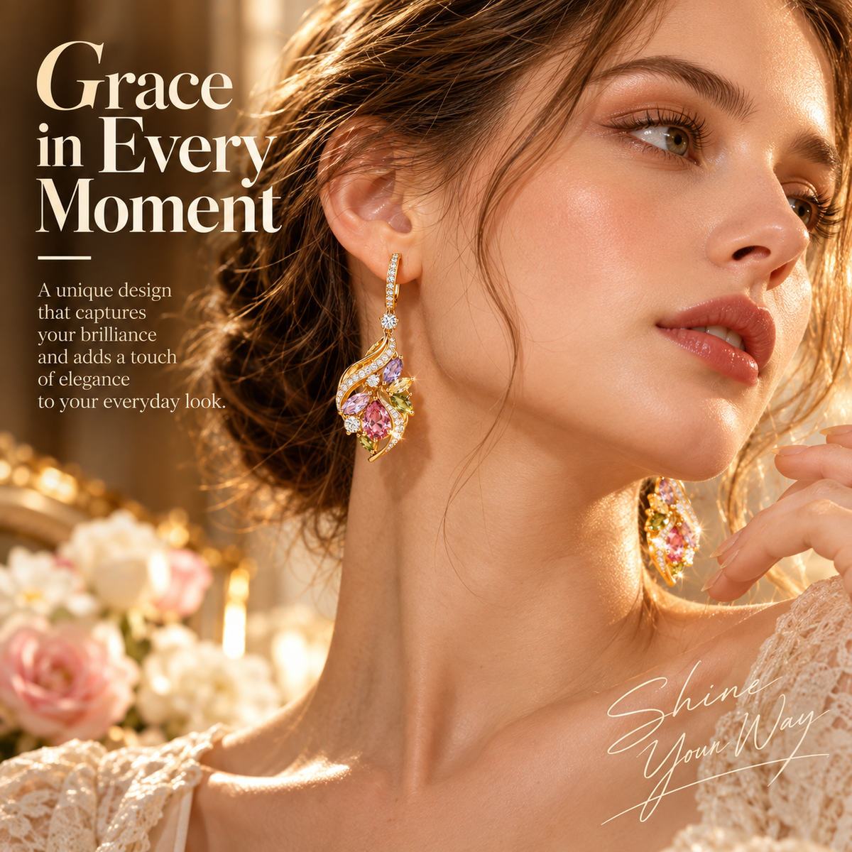 Colorful Crystal Teardrop Earrings – Elegant Gold-Tone Floral Gemstone Drop Earrings