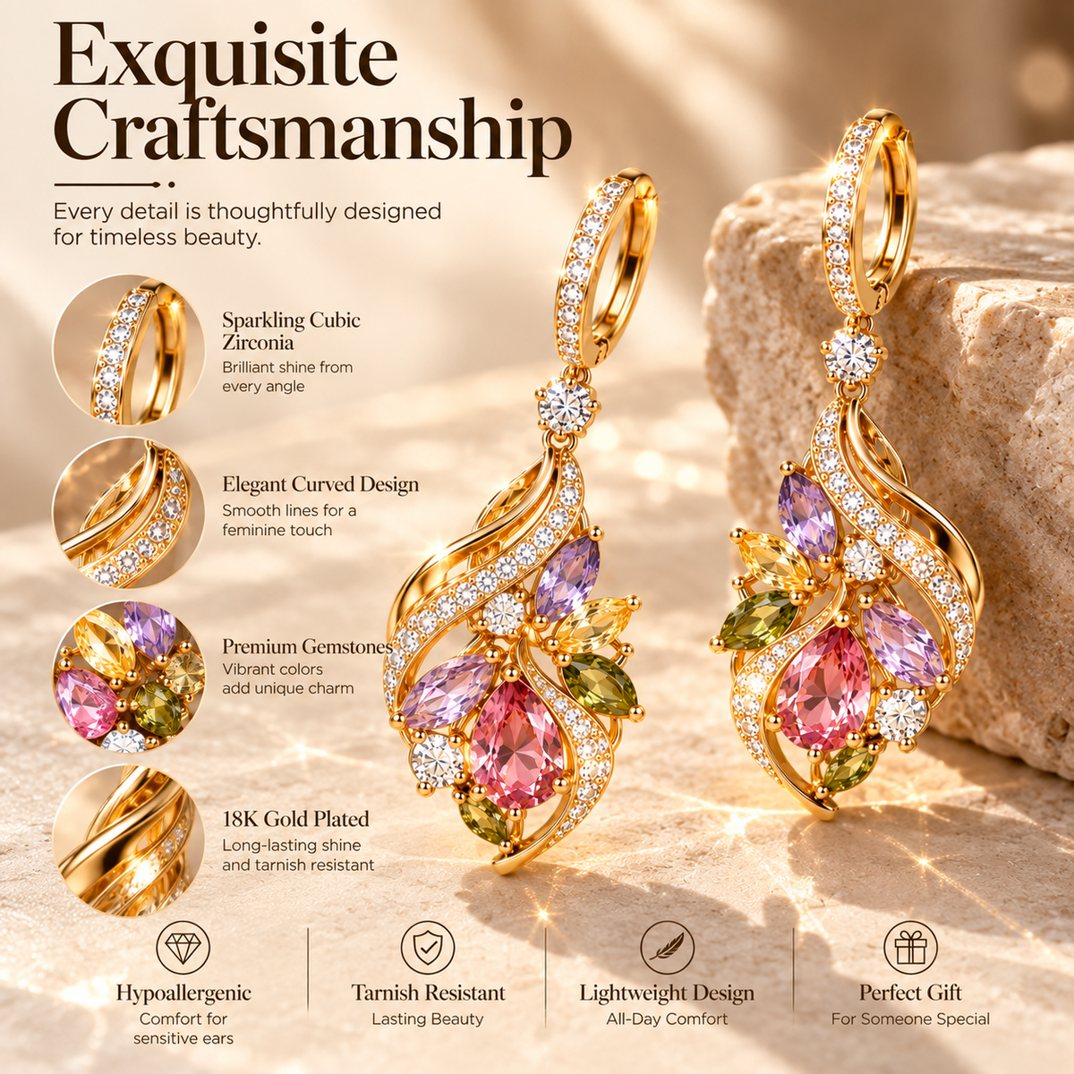Colorful Crystal Teardrop Earrings – Elegant Gold-Tone Floral Gemstone Drop Earrings