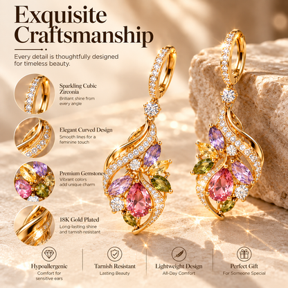 Colorful Crystal Teardrop Earrings – Elegant Gold-Tone Floral Gemstone Drop Earrings