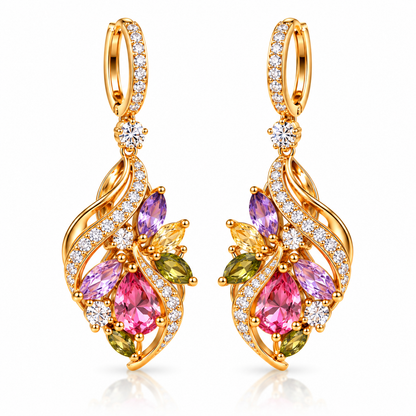 Colorful Crystal Teardrop Earrings – Elegant Gold-Tone Floral Gemstone Drop Earrings