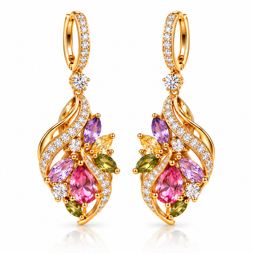 Colorful Crystal Teardrop Earrings – Elegant Gold-Tone Floral Gemstone Drop Earrings