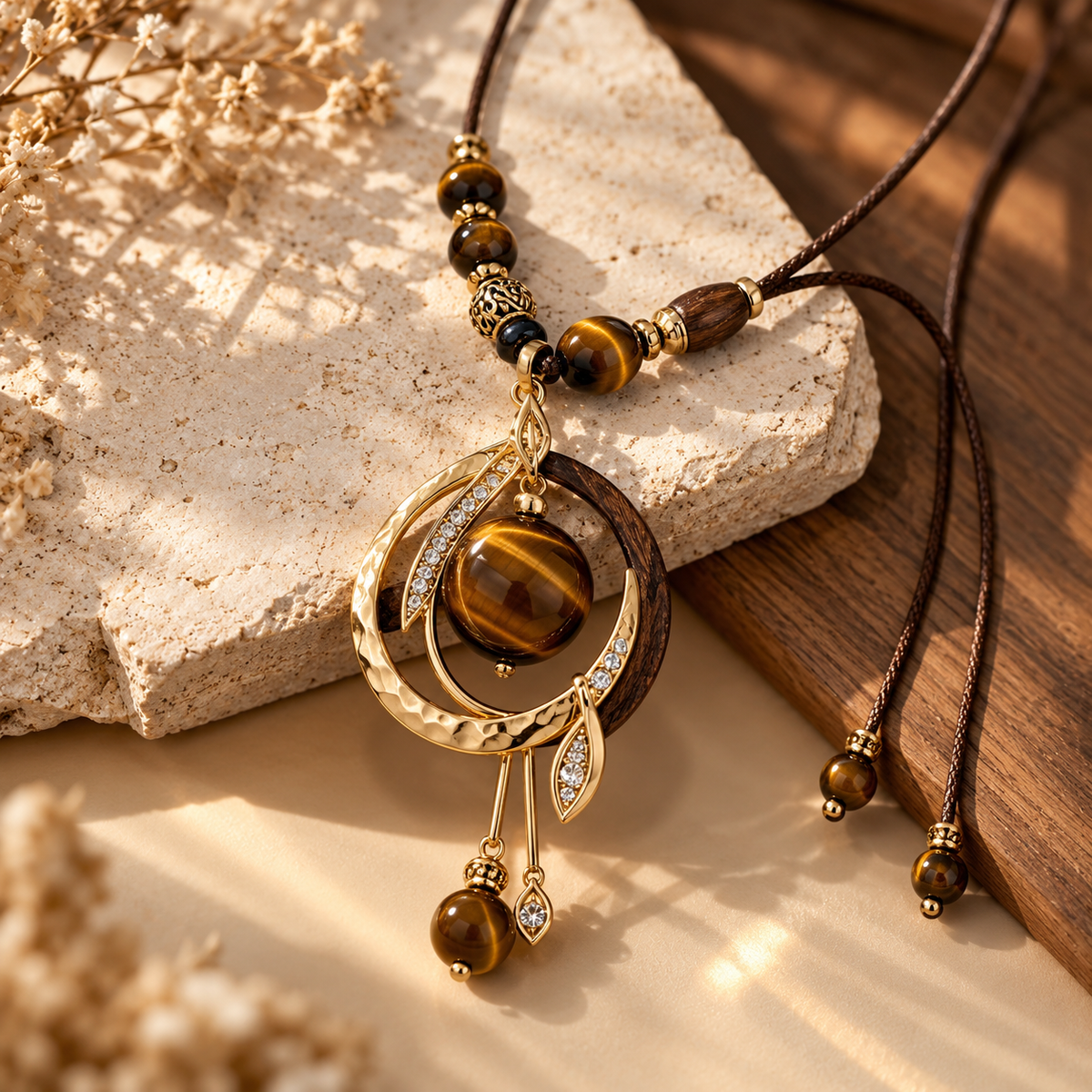 Tiger Eye Stone Pendant Necklace – Natural Stone & Wood Beaded Bohemian Necklace