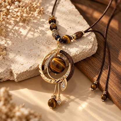 Tiger Eye Stone Pendant Necklace – Natural Stone & Wood Beaded Bohemian Necklace