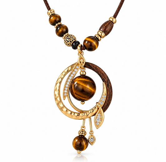 Tiger Eye Stone Pendant Necklace – Natural Stone & Wood Beaded Bohemian Necklace