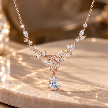 Floral Teardrop Crystal Necklace – Rose Gold Leaf Pendant with Sparkling Cubic Zirconia Details
