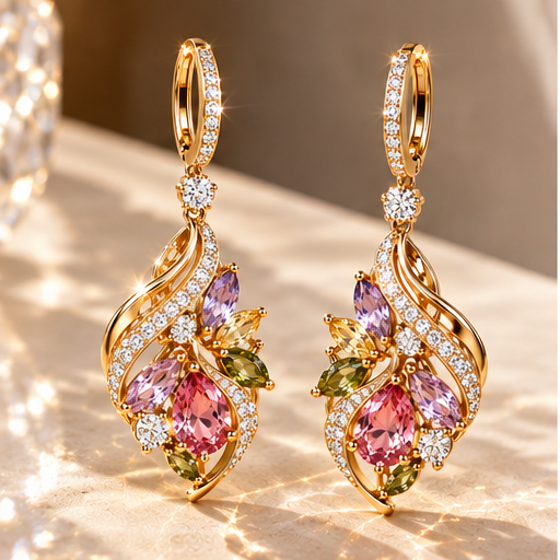Colorful Crystal Teardrop Earrings – Elegant Gold-Tone Floral Gemstone Drop Earrings