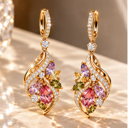 Colorful Crystal Teardrop Earrings – Elegant Gold-Tone Floral Gemstone Drop Earrings