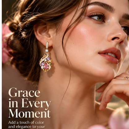 Colorful Crystal Teardrop Earrings – Elegant Gold-Tone Floral Gemstone Drop Earrings