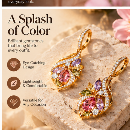 Colorful Crystal Teardrop Earrings – Elegant Gold-Tone Floral Gemstone Drop Earrings