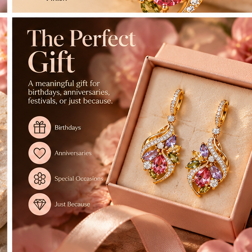 Colorful Crystal Teardrop Earrings – Elegant Gold-Tone Floral Gemstone Drop Earrings