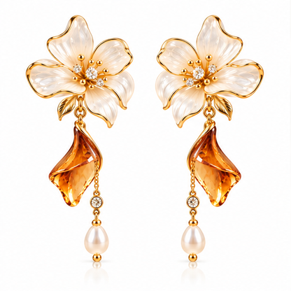 Blooming Beauty Floral Crystal Drop Earrings – Elegant White Flower & Amber Crystal Pearl Dangle Earrings for Women