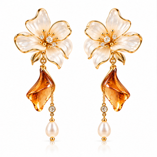 Blooming Beauty Floral Crystal Drop Earrings – Elegant White Flower & Amber Crystal Pearl Dangle Earrings for Women