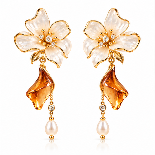 Blooming Beauty Floral Crystal Drop Earrings – Elegant White Flower & Amber Crystal Pearl Dangle Earrings for Women