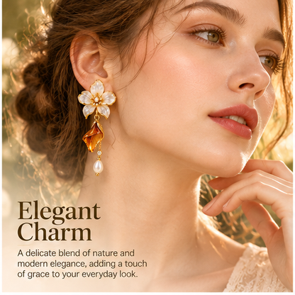 Blooming Beauty Floral Crystal Drop Earrings – Elegant White Flower & Amber Crystal Pearl Dangle Earrings for Women