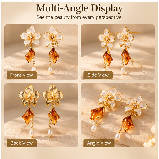 Blooming Beauty Floral Crystal Drop Earrings – Elegant White Flower & Amber Crystal Pearl Dangle Earrings for Women