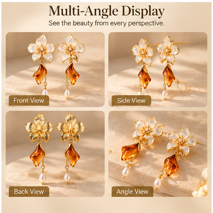 Blooming Beauty Floral Crystal Drop Earrings – Elegant White Flower & Amber Crystal Pearl Dangle Earrings for Women