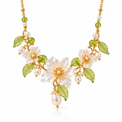 Blooming Elegance Floral Pearl Necklace – Elegant White Flower & Green Crystal Statement Necklace for Women