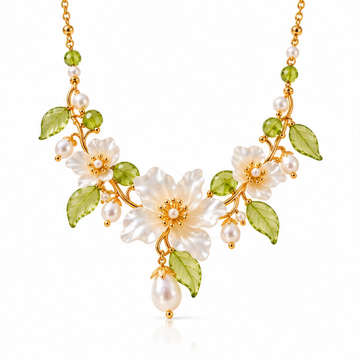 Blooming Elegance Floral Pearl Necklace – Elegant White Flower & Green Crystal Statement Necklace for Women