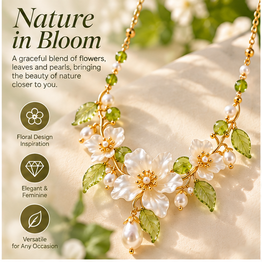 Blooming Elegance Floral Pearl Necklace – Elegant White Flower & Green Crystal Statement Necklace for Women