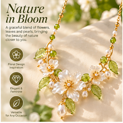 Blooming Elegance Floral Pearl Necklace – Elegant White Flower & Green Crystal Statement Necklace for Women