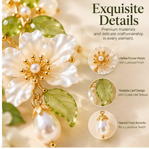 Blooming Elegance Floral Pearl Necklace – Elegant White Flower & Green Crystal Statement Necklace for Women