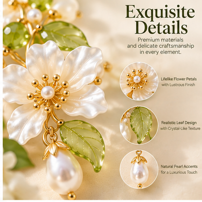 Blooming Elegance Floral Pearl Necklace – Elegant White Flower & Green Crystal Statement Necklace for Women