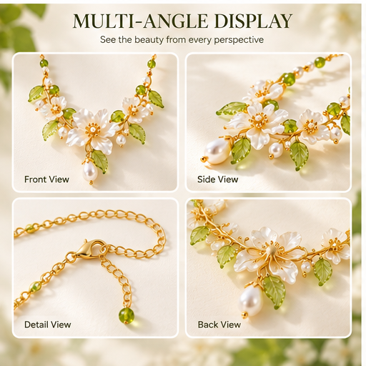 Blooming Elegance Floral Pearl Necklace – Elegant White Flower & Green Crystal Statement Necklace for Women