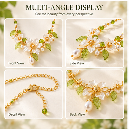 Blooming Elegance Floral Pearl Necklace – Elegant White Flower & Green Crystal Statement Necklace for Women