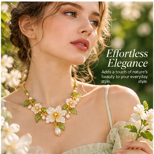Blooming Elegance Floral Pearl Necklace – Elegant White Flower & Green Crystal Statement Necklace for Women