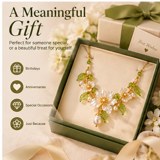 Blooming Elegance Floral Pearl Necklace – Elegant White Flower & Green Crystal Statement Necklace for Women