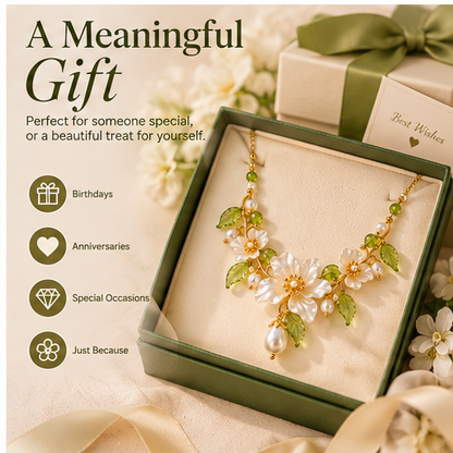 Blooming Elegance Floral Pearl Necklace – Elegant White Flower & Green Crystal Statement Necklace for Women
