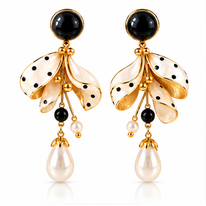 Chic Polka Dot Floral Pearl Drop Earrings – Elegant Black & White Gold-Plated Dangle Earrings for Women